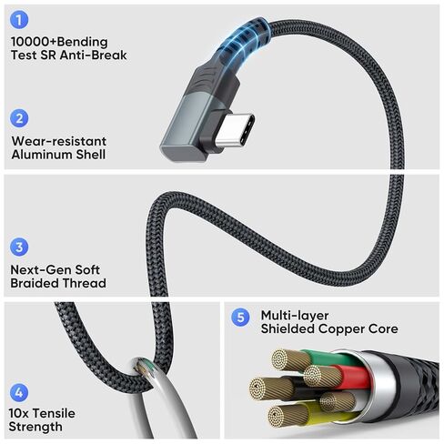 USB to USB C Cable 10ft Right Angle, 3A Fast Charging 90 Degree Long USB-A to Type C 2.0 Data Transfer Cord Braided for iPhone 17/16/15, Galaxy Andriod Phone, Switch, Steam Deck, Tablet in Kuwait