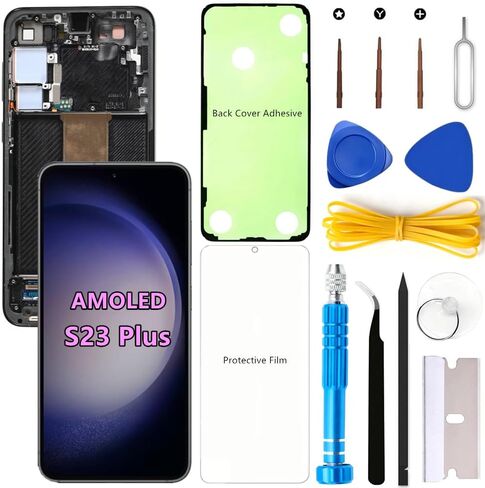 AMOLED Screen Replacement for Samsung Galaxy S23 Plus 5G for Samsung S23Plus SM-S916U SM-S916U1 LCD Display Digitizer Touch Assembly Support Fingerprint (Black Frame+Protector+Adhesive+Tools) in Kuwait