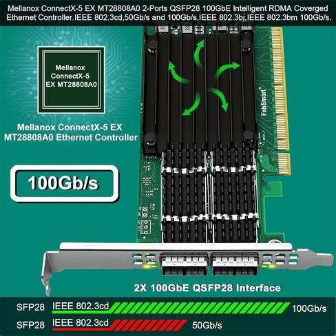 PCIE GEN 4.0 X16 to 2X 100GbE QSFP28 Fiber Ports Intelligent RDMA Ethernet Adapter for HPC, Storage and Virtualization, Mellanox ConnectX-5 EX MT28808A0 2X QSFP28 100Gb/s Ethernet Controller (CX516A) in Kuwait