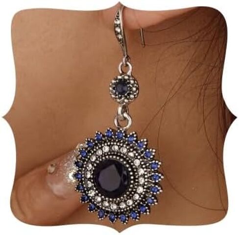 YERTTER Bohemian Silver Crystal Dangle Ethnic Style Earrings Red Blue Black Fake Gem Earrings Indian Earrings Studs Drop Disc Tassel Earrings Vintage Hook Ear Accessories Gift for Women Girls in Saudi Arabia