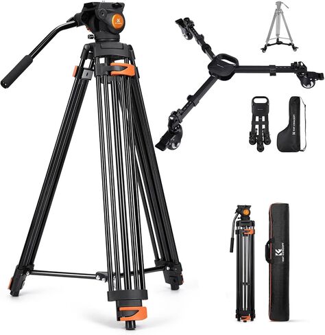 K&F CONCEPT 80" Video Tripod with Fluid Head, Photography Tripod Dolly, Heavy Duty with 3" Rubber Wheels 44lbs Capacity in Kuwait