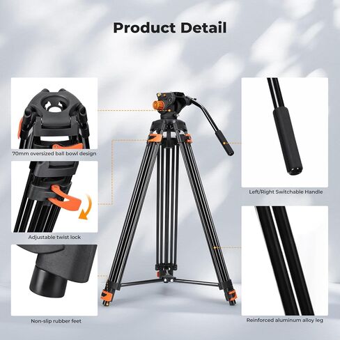 K&F CONCEPT 80" Video Tripod with Fluid Head, Photography Tripod Dolly, Heavy Duty with 3" Rubber Wheels 44lbs Capacity in Kuwait