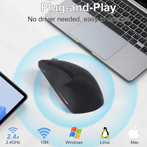 ماوس مريح لاسلكي لليد اليمنى ماوس عمودي مع جهاز استقبال USB 6 أزرار قابلة لإعادة الشحن، محمول 2.4 جيجا هرتز، ماوس بصري USB لاسلكي للكمبيوتر المحمول، الكمبيوتر المكتبي، الكمبيوتر المحمول، هدايا للأطفال والكبار (أسود) in Kuwait