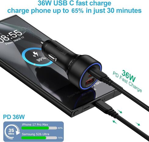 محول شاحن سيارة سريع متعدد 3 منافذ 12 فولت - قابس سيارة تلقائي - USB C وUSB A شحن سريع - شاحن سيارات للهاتف الخلوي ولاعة السجائر لهاتف iPhone 17 Pro Max Air 17e 16e 16 15، Samsung S26 in Kuwait