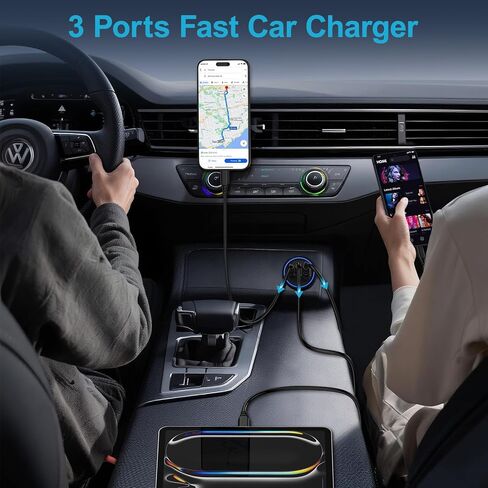 محول شاحن سيارة سريع متعدد 3 منافذ 12 فولت - قابس سيارة تلقائي - USB C وUSB A شحن سريع - شاحن سيارات للهاتف الخلوي ولاعة السجائر لهاتف iPhone 17 Pro Max Air 17e 16e 16 15، Samsung S26 in Kuwait