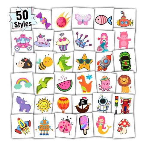 Partywind Individually Wrapped Sheets Kids Temporary Tattoos, Birthday Party Favors Supplies for Boys and Girls, Unicorn/Dinosaur/Mermaid/Pirate Tattoo Stickers for Goodie Bags Stuffers (50 Styles) in Kuwait
