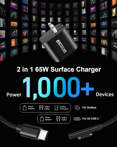 شاحن Surface Pro بقدرة 65 وات، شاحن Microsoft Windows Surface متوافق مع Surface Pro 12 (2025) 11 10 9 8 7+ 7 6 5 4 3 X، جهاز Surface Pro 2 في 1 اللوحي (2024)، محول Surface Laptop/Book/Go in Kuwait