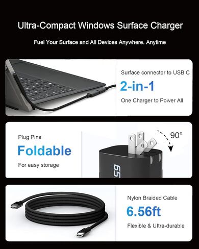 شاحن Surface Pro بقدرة 65 وات، شاحن Microsoft Windows Surface متوافق مع Surface Pro 12 (2025) 11 10 9 8 7+ 7 6 5 4 3 X، جهاز Surface Pro 2 في 1 اللوحي (2024)، محول Surface Laptop/Book/Go in Kuwait