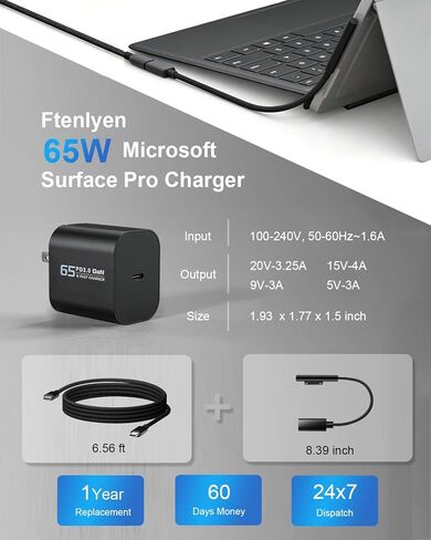 شاحن Surface Pro بقدرة 65 وات، شاحن Microsoft Windows Surface متوافق مع Surface Pro 12 (2025) 11 10 9 8 7+ 7 6 5 4 3 X، جهاز Surface Pro 2 في 1 اللوحي (2024)، محول Surface Laptop/Book/Go in Kuwait
