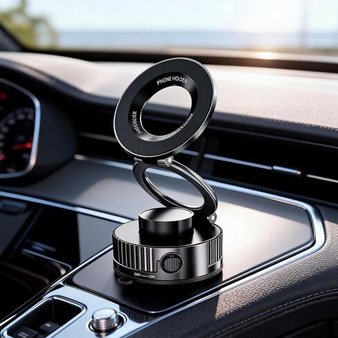 Vacuum Magnetic Phone Holder, 360° Adjustable Car Mount with Suction Cup, Foldable Phone Stand for Vehicles (Black) in Kuwait