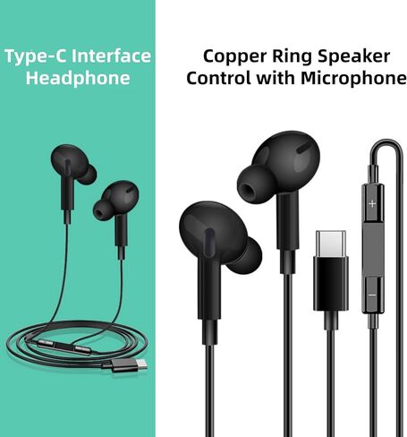 USB C Wired Earbuds, Type C Wired Headphones for iPhone 17 16 15, in-Ear Headphones with Microphone for Samsung, Earphones Headset with Noise Canceling, Black in Kuwait