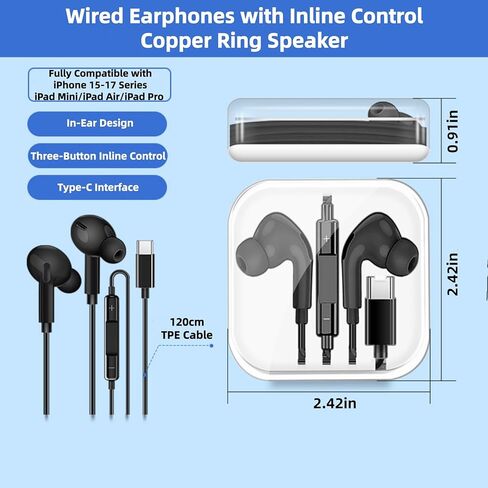 USB C Wired Earbuds, Type C Wired Headphones for iPhone 17 16 15, in-Ear Headphones with Microphone for Samsung, Earphones Headset with Noise Canceling, Black in Kuwait