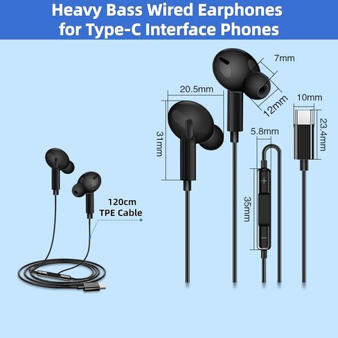 USB C Wired Earbuds, Type C Wired Headphones for iPhone 17 16 15, in-Ear Headphones with Microphone for Samsung, Earphones Headset with Noise Canceling, Black in Kuwait