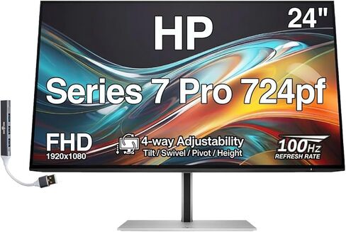 HP Series 7 Pro 724pf 24" FHD IPS Monitor with 4-Way adjustability, Anti-Glare, Flicker Free, VESA Mount (100mm), Displayport, HDMI & Dockztorm USB Port Expander, Black/Silver (8X530AA#ABA) 2 Pack in Kuwait
