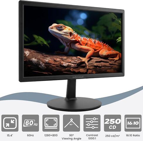 SKitphrati 15.4-inch Monitor 1200x800 Resolution PC Monitor with HDMI, VGA, 60Hz Refresh Rate, VESA Wall Mount Support, Ideal for Office and Home Use, Black in Kuwait