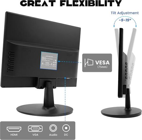 SKitphrati 15.4-inch Monitor 1200x800 Resolution PC Monitor with HDMI, VGA, 60Hz Refresh Rate, VESA Wall Mount Support, Ideal for Office and Home Use, Black in Kuwait