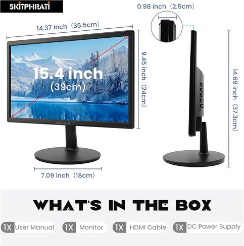 SKitphrati 15.4-inch Monitor 1200x800 Resolution PC Monitor with HDMI, VGA, 60Hz Refresh Rate, VESA Wall Mount Support, Ideal for Office and Home Use, Black in Kuwait