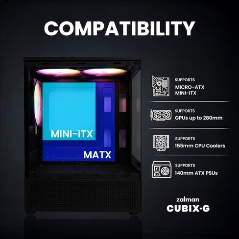 ZALMAN Builders Combo - Cubix-G Compact Micro-ATX Gaming PC Case, Black with 600W 80+ Bronze PSU Bundle, 3 x FRGB Fans, USB-C Front I/O, High-Efficiency Power Supply with Active PFC in Kuwait