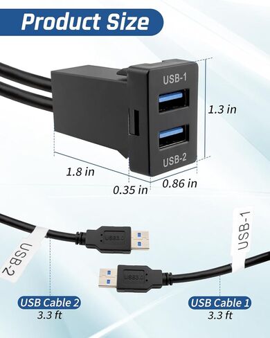 كابل تمديد USB 3.0 مزدوج للسيارة، الطول 3.3FT (1M) مناسب لسيارة Toyota، الحجم 1.3"x0.86"x2.15" (النوع A) in Kuwait