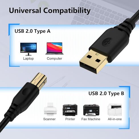 كابل طابعة USB A إلى USB B بطول 10 أقدام، 2 حزمة USB 2.0 نوع A ذكر إلى نوع B ذكر كابل ماسح ضوئي عالي السرعة سلك USB MIDI لكمبيوتر HP Canon Dell Epson Brother Lexmark Xerox Samsung DAC Piano Computer in Kuwait