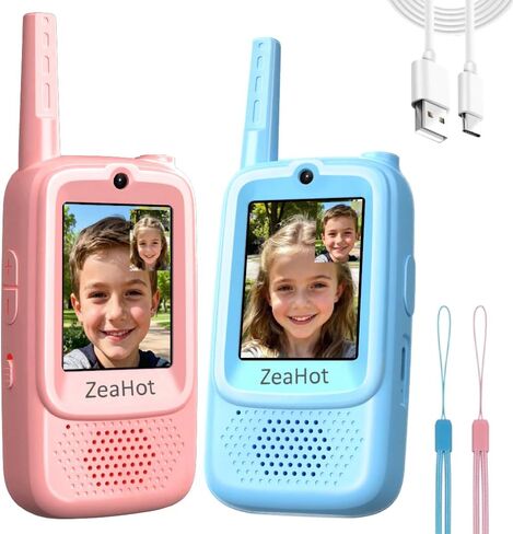 2026 Upgraded Kids Video Walkie Talkies 2 Pack, Rechargeable Long Range Walkie Talkies for Kids, Video Intercom with Voice-Changing, Photo Sharing, Voice Chat, Emoji Messaging Modes (Blue+Pink) in Kuwait