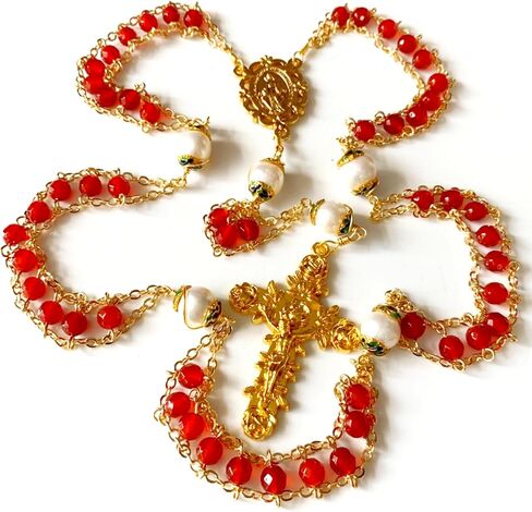 elegantmedical handmade Gold Ladder to Heaven Red Agate & Real AAA10mm Pearl Catholic Rosary crucifix Necklace in Saudi Arabia