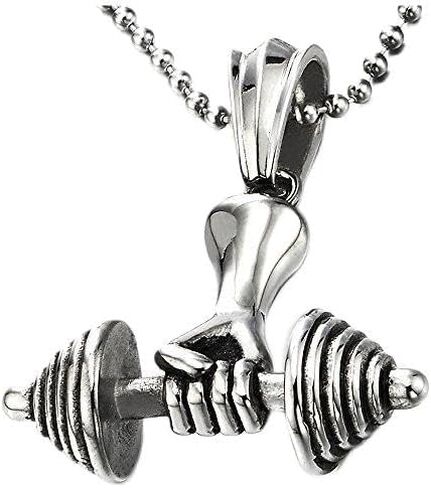 Mens Steel Hand Weight Lifting Barbell Dumbbell Pendant Necklace with 30 inches Ball Chain in Kuwait