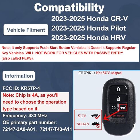 DIY Key Fob Replacement Compatible with 2023 2024 2025 Honda CR-V Pilot HR-V Keyless Entry Remote Control CRV HRV Key Replace Kit FCC ID:KR5TP-4 5 Button SUV in Kuwait