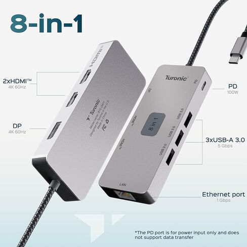 Turonic BYL-2401 Universal Docking Station 8-in-1 USB-C Hub with Dual HDMI 4K@60Hz, DP 1.2, 100W PD Charging, Gigabit Ethernet, 3 USB-A 5Gbps, Aluminum Housing in Kuwait