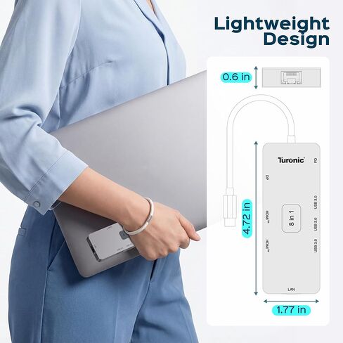 Turonic BYL-2401 Universal Docking Station 8-in-1 USB-C Hub with Dual HDMI 4K@60Hz, DP 1.2, 100W PD Charging, Gigabit Ethernet, 3 USB-A 5Gbps, Aluminum Housing in Kuwait