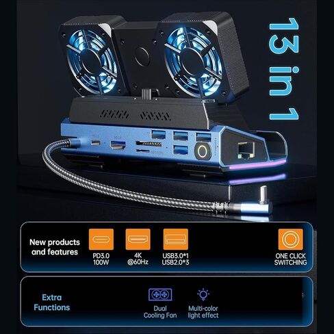 10 in 1 Docking Station for Legion Go, USB C Dock Station Hub with Detachable Dual Cooling Fan, 4K 60Hz Gigabit Ethernet 4 USB 3.0 PD100W M.2 NVMe Slot in Kuwait