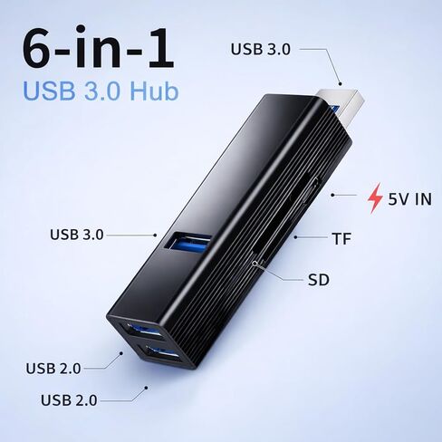 VIENON USB 3.0 Hub 6-in-1, Aluminum USB Adapter with Power Port, SD/TF Card Reader, USB Splitter Expander for Laptop, PC, Desktop, Car, Connect U Disk, Flash Drive, Mouse, Keyboard, HDD, SSD in Kuwait