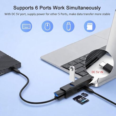 VIENON USB 3.0 Hub 6-in-1, Aluminum USB Adapter with Power Port, SD/TF Card Reader, USB Splitter Expander for Laptop, PC, Desktop, Car, Connect U Disk, Flash Drive, Mouse, Keyboard, HDD, SSD in Kuwait