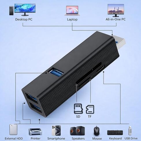 VIENON USB 3.0 Hub 6-in-1, Aluminum USB Adapter with Power Port, SD/TF Card Reader, USB Splitter Expander for Laptop, PC, Desktop, Car, Connect U Disk, Flash Drive, Mouse, Keyboard, HDD, SSD in Kuwait