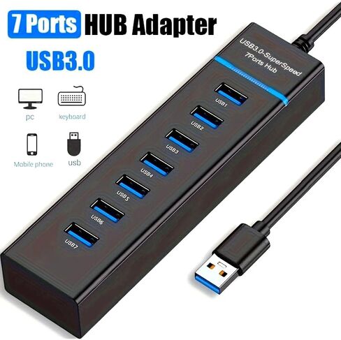 USB 3.0 SuperSpeed 7-Port Hub Adapter, Fast 5Gbps Data Transfer, Compatible with PC, Keyboard, and Mobile Devices in Kuwait