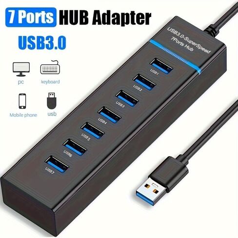 USB 3.0 SuperSpeed 7-Port Hub Adapter, Fast 5Gbps Data Transfer, Compatible with PC, Keyboard, and Mobile Devices in Kuwait