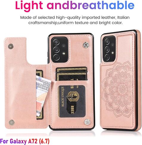 حافظة محفظة لهاتف Galaxy A72(5G) مقاس 6.7 بوصة مع حامل بطاقة، جلد صناعي منقوش بماندالا مع حزام معصم، حافظة بمشبك مغناطيسي مزدوج، حافظة محفظة خلفية قلابة مع وظيفة الوقوف (ذهبي وردي) in Kuwait