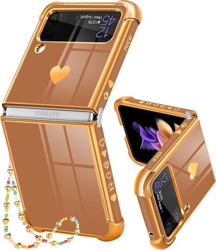 Likiyami for Samsung Galaxy Z Flip 3 Phone Case Heart for Women Girls Girly Cute Pretty Cases Luxury Brown and Gold Plating Love Hearts Design Aesthetic Trendy Cover+Chain for Galaxy Z Flip 3 5G 6.7" in Kuwait