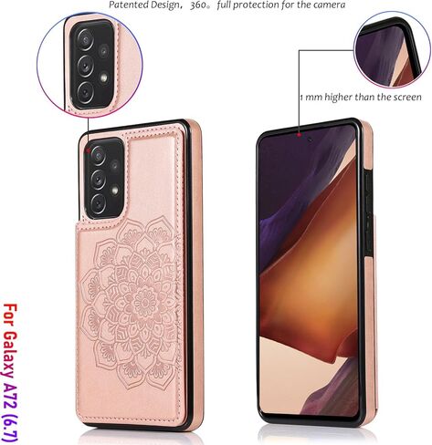 حافظة محفظة لهاتف Galaxy A72(5G) مقاس 6.7 بوصة مع حامل بطاقة، جلد صناعي منقوش بماندالا مع حزام معصم، حافظة بمشبك مغناطيسي مزدوج، حافظة محفظة خلفية قلابة مع وظيفة الوقوف (ذهبي وردي) in Kuwait