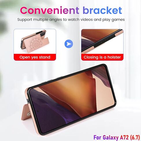 حافظة محفظة لهاتف Galaxy A72(5G) مقاس 6.7 بوصة مع حامل بطاقة، جلد صناعي منقوش بماندالا مع حزام معصم، حافظة بمشبك مغناطيسي مزدوج، حافظة محفظة خلفية قلابة مع وظيفة الوقوف (ذهبي وردي) in Kuwait