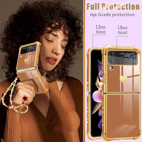 Likiyami for Samsung Galaxy Z Flip 3 Phone Case Heart for Women Girls Girly Cute Pretty Cases Luxury Brown and Gold Plating Love Hearts Design Aesthetic Trendy Cover+Chain for Galaxy Z Flip 3 5G 6.7" in Kuwait