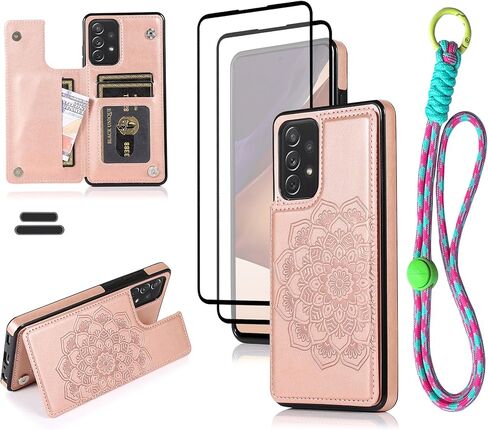 حافظة محفظة لهاتف Galaxy A72(5G) مقاس 6.7 بوصة مع حامل بطاقة، جلد صناعي منقوش بماندالا مع حزام معصم، حافظة بمشبك مغناطيسي مزدوج، حافظة محفظة خلفية قلابة مع وظيفة الوقوف (ذهبي وردي) in Kuwait