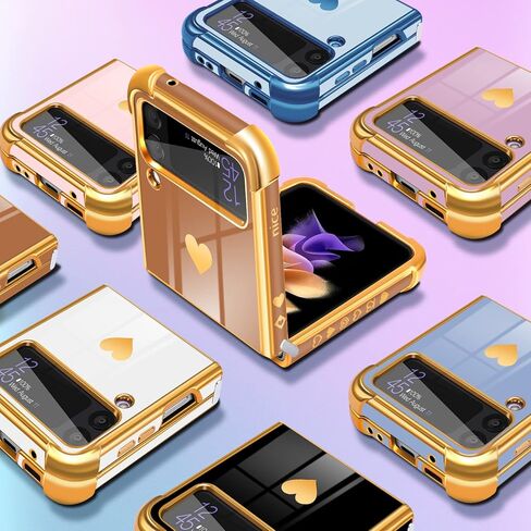 Likiyami for Samsung Galaxy Z Flip 3 Phone Case Heart for Women Girls Girly Cute Pretty Cases Luxury Brown and Gold Plating Love Hearts Design Aesthetic Trendy Cover+Chain for Galaxy Z Flip 3 5G 6.7" in Kuwait