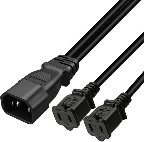 Toptekits C14 to Dual NEMA 1-15R Y Splitter Power Cord, Single IEC C14 to 2 US 2 Prong Female Socket Y Split Power Cable, 1ft/30cm, 10A 250V, 18AWG Pure Copper, Black in Saudi Arabia