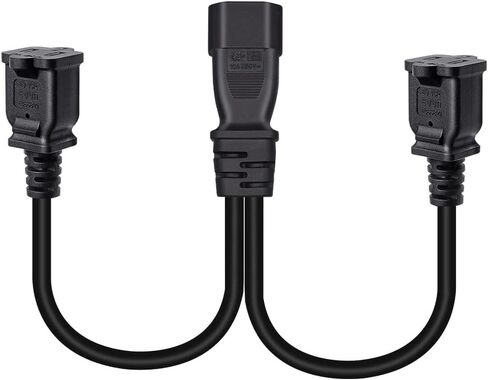 Toptekits C14 to Dual NEMA 1-15R Y Splitter Power Cord, Single IEC C14 to 2 US 2 Prong Female Socket Y Split Power Cable, 1ft/30cm, 10A 250V, 18AWG Pure Copper, Black in Saudi Arabia