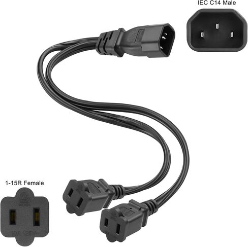 Toptekits C14 to Dual NEMA 1-15R Y Splitter Power Cord, Single IEC C14 to 2 US 2 Prong Female Socket Y Split Power Cable, 1ft/30cm, 10A 250V, 18AWG Pure Copper, Black in Saudi Arabia