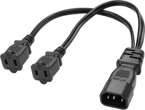 Toptekits C14 to Dual NEMA 1-15R Y Splitter Power Cord, Single IEC C14 to 2 US 2 Prong Female Socket Y Split Power Cable, 1ft/30cm, 10A 250V, 18AWG Pure Copper, Black in Saudi Arabia