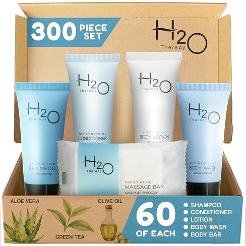 H2O Therapy Hotel Soaps and Toiletries Bulk Set | 1-Shoppe All-In-Kit Amenities for Hotels & Airbnb | .85oz Hotel Shampoo & Conditioner, Body Wash, Body Lotion & 1 oz Bar Soap Travel Size | 300 Pieces in Saudi Arabia