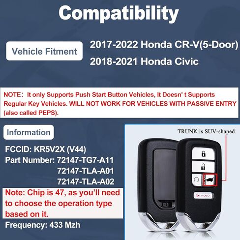 DIY Key Fob Replacement Kit Compatible with Honda CR-V 2017-2022, Pilot 2016-2020, Civic 2018-2021 Keyless Entry Remote Replaces FCC ID: KR5V2X (V44) in Kuwait