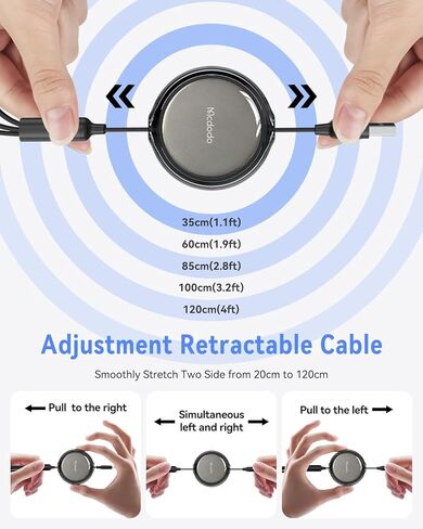 كابل شاحن متعدد mcdodo 3 في 1 كابل شحن USB قابل للسحب مع منافذ Lightning/Type C/Micro USB، سلك شاحن USB بطول 4FT قابل للتعديل لأجهزة iPhone/iPad/Galaxy/الأجهزة اللوحية والمزيد in Kuwait